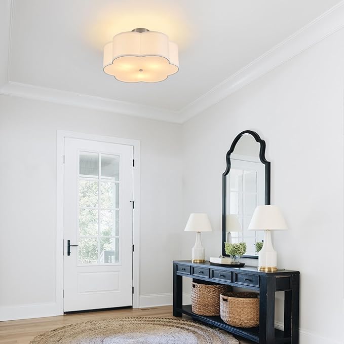 18" Modern Semi Flush Mount Ceiling Light Modern 3-Lights Linen Drum Ceiling Lighting with Chrome Finish, Vintage Ceiling Light for Living Room, Kitchen, Basement, Laundry Room, Bedroom - Aura Lighting
