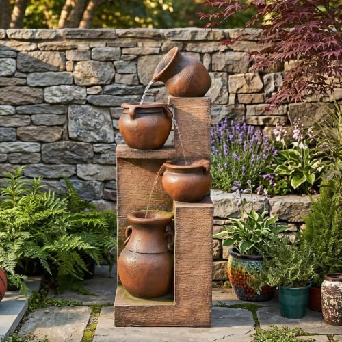 50H Water Fountain Outdoor with 5Tiers Modern Cascading Jar and Stacked Water Fountain with LED Lights for Patio