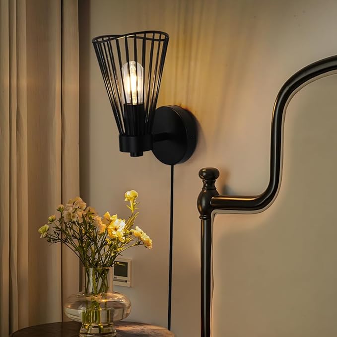 Plug in Wall Sconce Indoor Large Industrial Wall Sconces Farmhouse Wall Lamp with Plug in Cord Vintage Black Wall Lights with On/Off Switch Wall Light Fixture for Living Room Bedroom Rustic - Aura Lighting
