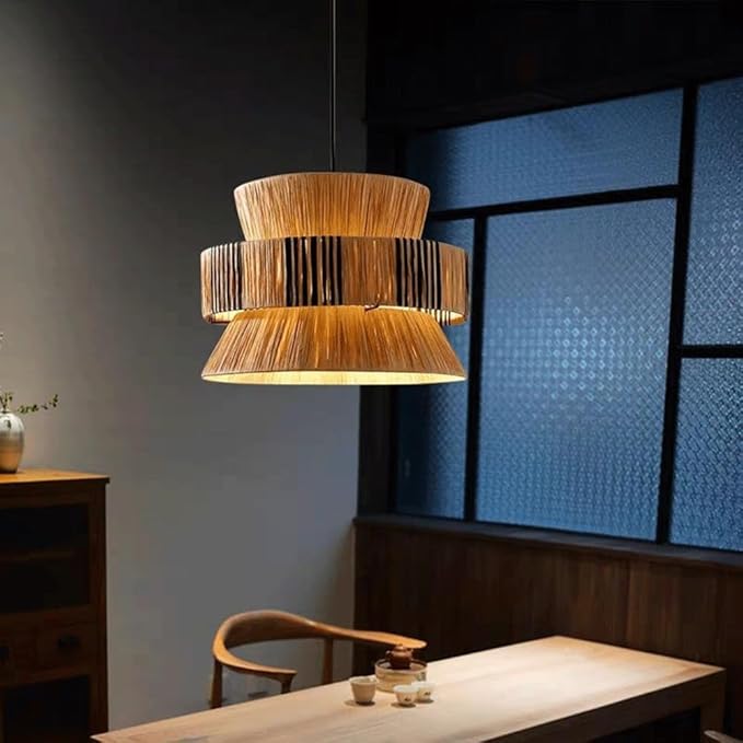 Raffia Pendant Light, Handwoven Wabi Sabi Hanging Lamp, Natural Fiber Dining Room Chandelier,Built-in Metal Frame,Retro Style Straw Woven Light Fixture with E27 Base for Living Room