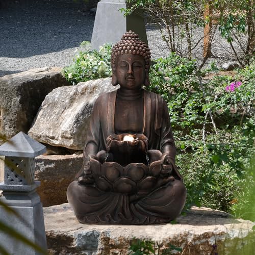 Zen Style Meditating Buddha Statue Fountain Polyresin Outdoor Decoration with Pump and LED Light