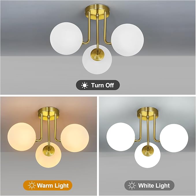 3-Light Modern Gold Ceiling Light with Globe White Glass Shade Mid Century Semi Flush Mount Ceiling Light Sputnik Chandeliers for Bedroom Living Room Dinning Room Foyer Hallway - Aura Lighting