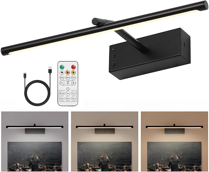 Wireless Picture Lights, 16in Black Battery Operated Wall Sconce, 3 Color Temperature Dimmable and Timer Wireless Picture Light with Remote for Display, Artwork, Gallery