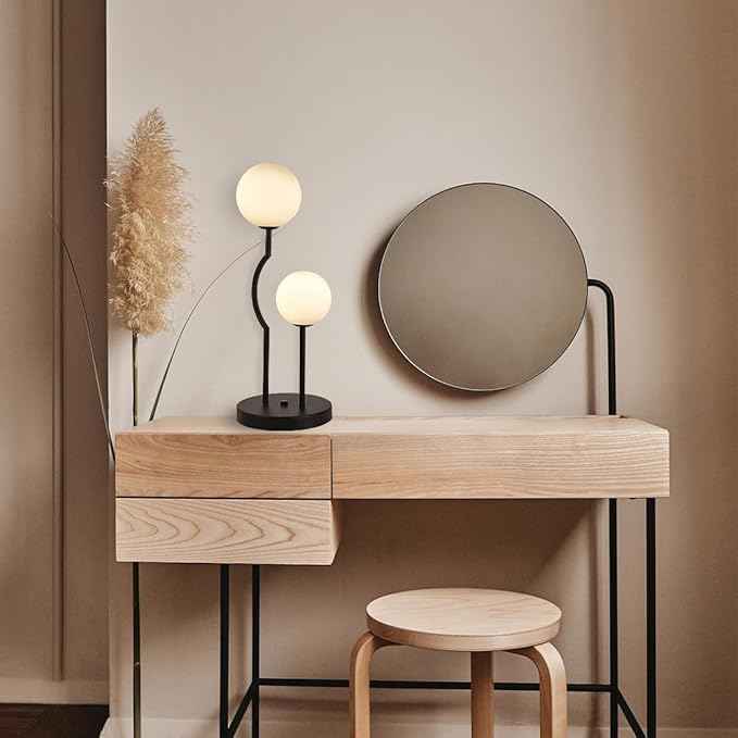 Black Mid Century Globe Table Lamp Industrial Retro 2 Lights Orb Desk Lamp with White Glass Globe Bedside Reading Light for Bedroom Living Room Study Room