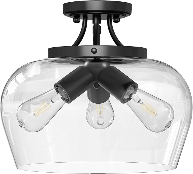 VONLUCE Semi Flush Mount Ceiling Light, 13.8" Ceiling Light Fixture with Clear Glass Shade, E26 Base, 3-Bulb Industrial Lighting Fixture for Hallway Entryway Bedroom, Matte Black, ETL Certificated - Aura Lighting