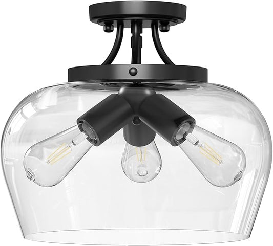 VONLUCE Semi Flush Mount Ceiling Light, 13.8" Ceiling Light Fixture with Clear Glass Shade, E26 Base, 3-Bulb Industrial Lighting Fixture for Hallway Entryway Bedroom, Matte Black, ETL Certificated - Aura Lighting