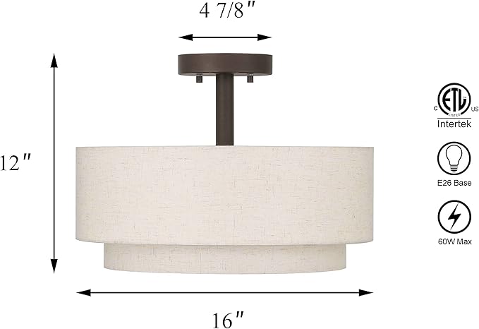 XiNBEi Lighting Drum Semi Flush Light, 3 Light Semi Flush Mount Ceiling Light Fixture with Fabric Shade Modern Close to Ceiling Light for Bedroom & Living Room Dark Bronze Finish XB-SF1289-DB - Aura Lighting