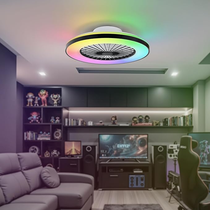 Modern LED Ceiling Light with Fan, RGB Ceiling Fan Lights, 24 Ventilation speeds, infinitely dimmable Light for Living Room, Bedroom, Office, 3000-5500 K (Black & 20" & RGB)