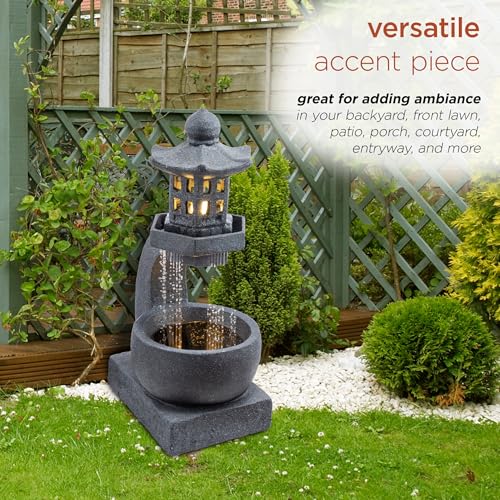 DIG370 31" Outdoor Zen Pagoda Water Fountain with LED Lights & Illuminated Stone Bowl