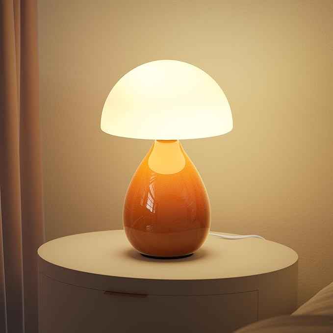 Mushroom Lamp, Vintage Small Table Lamp for Bedroom, Ice Crack Ceramic LED Night Light for Kids, Mid Century Modern Bedside Lamp for Nightstand, Living Room, Home Decor Gift Ideas for Women, Orange