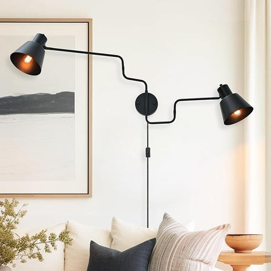 Black Plug in Wall Sconce, 2-Light Swing Arm Wall Lamp Industrial Adjustable Large Wall Mount Lighting Fixture Big Swivel Arms Wall Light for Living Room Bedroom