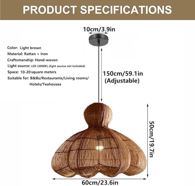 Woven Rattan Light，Petal-Shaped Rattan Lampshade，Large Hand-Woven Wabi-sabi Style Chandelier，Adjustable Pendant Light Fixtures for Dining Room, Kitchen, Living Room