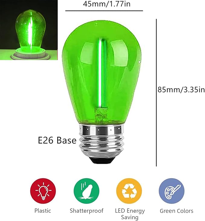 15 Pack S14 LED Bulbs Green Christmas Led Replacement Bulb 1W S14 Outdoor String Light Bulbs Plastic Shatterproof E26 Base Vintage Edison Bulb Decorative Bulbs for Christmas Patio Home Decor