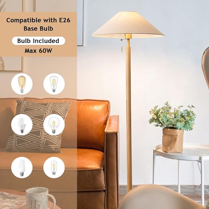 Wabi-sabi 59.1" Wooden Floor Lamp Linen Floor Lamp E26 Dimmable Tall Lamp with Zipper Switch Fabric Standing Light for Sofa Area Living Room Bedroom Study Tea Room