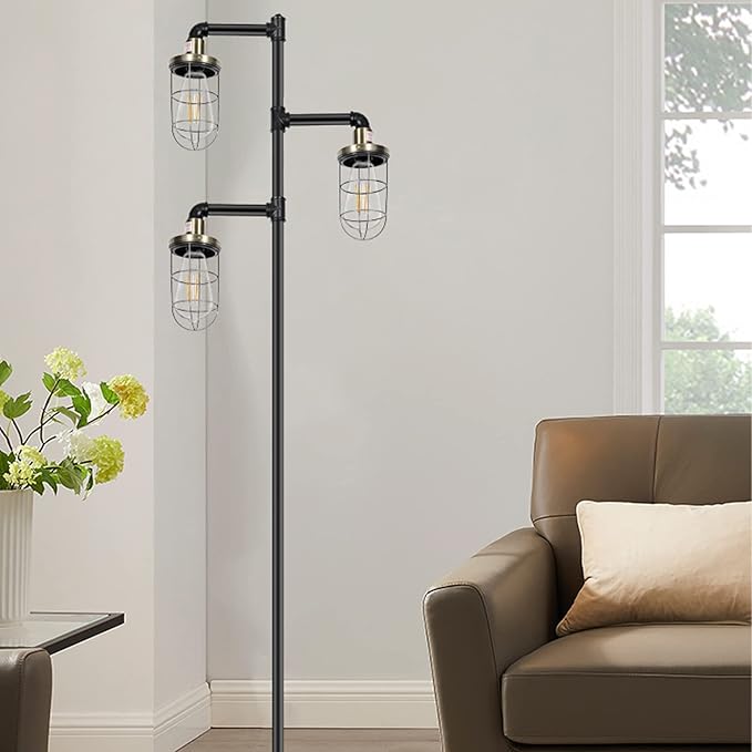 CONCA Steampunk Three Head Industrial Floor lamp with Rustic Edison Bulb and Cage Shade (Black + Green Bronze)