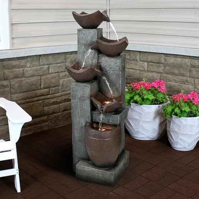 SunJet 39.7” Indoor/Outdoor Garden Water Fountain with Led Lights, 5-Tiers Modern Floor-Standing Cascading Water Feature for Home Deck, Patio, Porch, Yard Decor