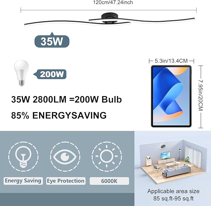 47.24Inch Linear Ceiling Light 6000K Black Modern Ceiling Light Fixture 35W Long Flush Mount Ceiling Lamp for Hallway, Kitchen, Bedroom, Dining Room - Aura Lighting