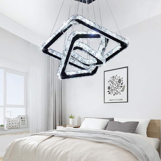 Modern Crystal Chandelier LED Ceiling Light, Square 3-Ring Design, Ultra-Bright 47W Cool White 6000K, Height Adjustable K9 Crystal Pendant Lighting for Dining Room, Living Room, Bedroom, Foyer