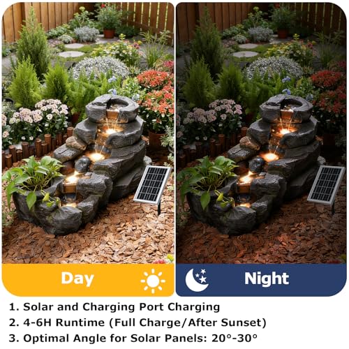 5 Tier Solar Water Fountain Outdoor Rock Waterfall Fountains