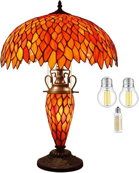 WERFACTORY Tiffany Style Table Lamp Red Stained Glass Wisteria Mather-Daughter Vase Lamp 16X16X24 Inch Antique Desk Reading Light Decor Bedroom Living Room Home Office S523R Series