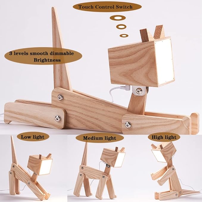 Unique Bedside Table Lamp Cat Adjustable Body Wooden Desk Lamp with Dimmable Touch Switch Warm White Light for Kids Room, Living Room, Boy's Girl's Bedroom, College Dorm, Bookcase