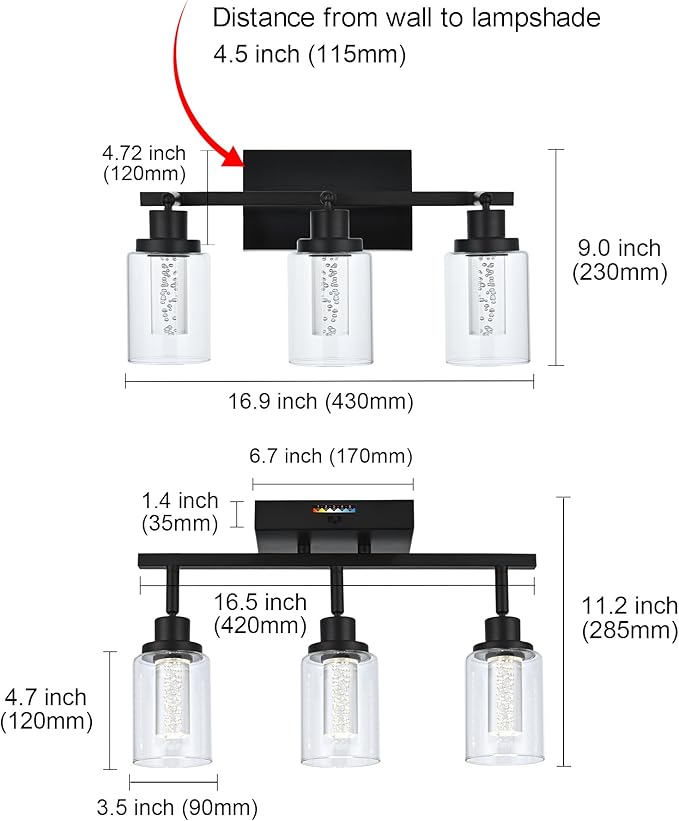 MELUCEE 3 Lights LED Track Lighting Kit Ceiling Bathroom Vanity Light Fixtures Wall Mounted Lamp Black Finished with Flexibly Rotatable Light Heads, Built-in LED Chips, 5-Color Temperature Adjustable - Aura Lighting