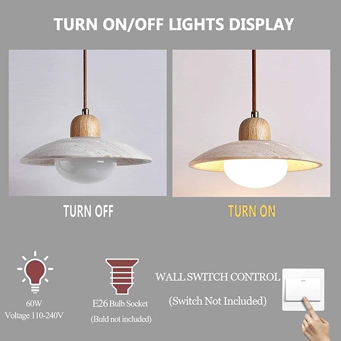 Wabi Sabi Pendant Light Natural Stone Retro Japanese Style Yellow Travertine Pendant Lighting Vintage Wood Hanging Light Fixture Adjustable Height For Bedroom, Kitchen Island, Dining Room