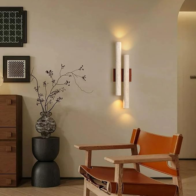 Yellow Travertine Wall Sconces, 19.7" H Wabi Sabi Wall Light Fixture with Cylindrical Natural Stone Lampshade, Up and Down Lighting Marble Wall Lamp for Bedroom Living Room Dining Room