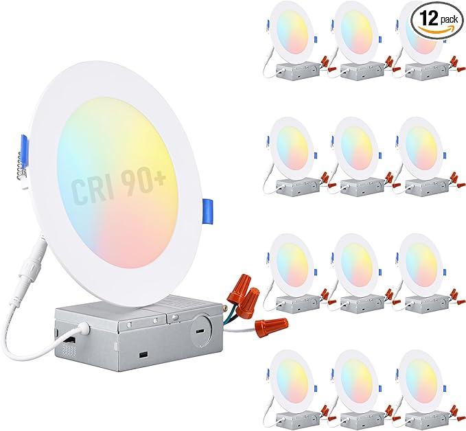 TORCHSTAR Basic Series 12-Pack 5CCT 6 Inch Ultra-Thin LED Recessed Lighting with J Box, CRI90, Aluminum, 2700K3000K3500K4000K5000K, 5%-100% Dimmable Slim Recessed Downlight, 12W 1100LM, ETL & ES