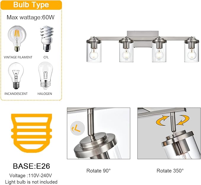 BONLICHT Modern Track Lighting Fixtures Ceiling 4 Light Adjustable Indoor Spotlight Brushed Nickel Farmhouse Bath Vanity Light Wall Mount Lamp with Clear Glass Shade - Aura Lighting
