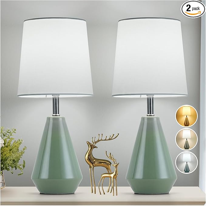 Small Bedside Table Lamp for Bedroom-Reading Desk Lamp Set of 2,with 3 Color Temperatures,15.5" Nightstand Ceramic Lamp with Fabric Shade for Kids Room,Living Room,Dorm,Home Office (Green+White )