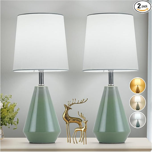 Small Bedside Table Lamp for Bedroom-Reading Desk Lamp Set of 2,with 3 Color Temperatures,15.5" Nightstand Ceramic Lamp with Fabric Shade for Kids Room,Living Room,Dorm,Home Office (Green+White )