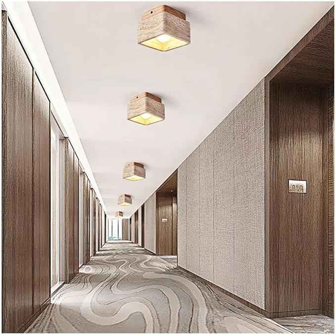 Modern Natural Travertine Ceiling Light, Square Flush Mount Lamp Wabi-Sabi Hallway Lamp, Stone Entryway Fixture Hand Polished Rustic Decor for Aisle and Corridor, 4.7 Inch(Walnut)