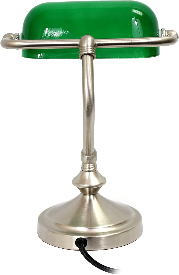 Simple Designs LT3057-GRN Brushed Nickel Mini Traditional Banker's Lamp with Glass Shade, Green