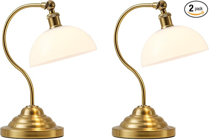 Cordless LED Table Lamp Set of Two, Swing Arm Desk Lamp, Battery Operated,Dimmable/3 Color,Modern Rechargeable Table Light for Living Room,Bedroom,Bedside, White Glass Shade, Brass - Aura Lighting