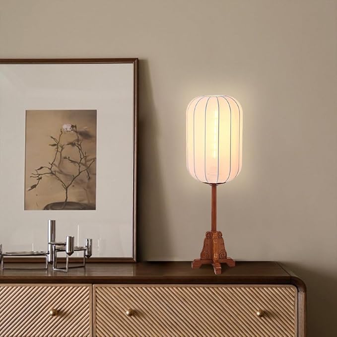 Wood Table Lamp Chinese Style Lantern Desk Light with Fabric Shade Japanese Lamp Lantern Wooden Standing Lights for Nightstand, Dresser, Living Room, Restaurant, Office