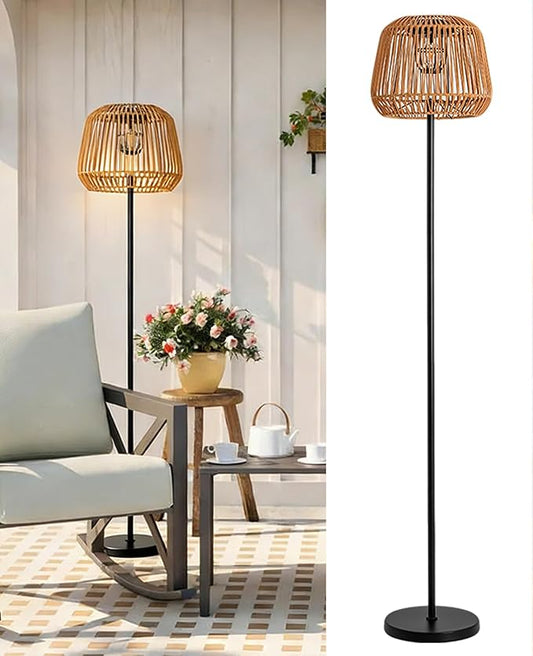Outdoor Solar Floor Lamp, 65.4" Wireless Rattan Floor Lamp with Woven Lampshade & Black Metal Pole Base, Battery Operated Vintage Outdoor Waterproof Standing Lamps for Patio Garden Balcony Deck