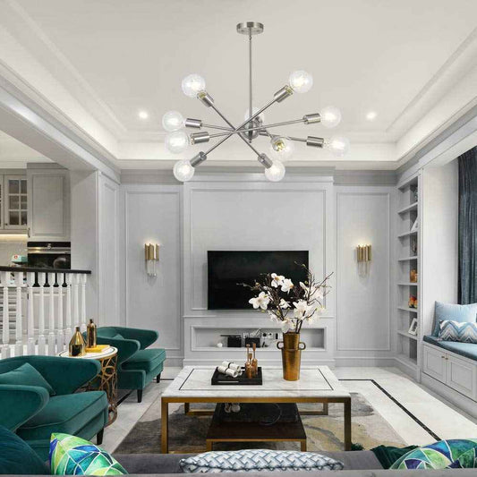 Modern Sputnik Chandelier Lighting 10 Lights with Adjustable Arms Mid Century Brushed Nickel Pendant Lighting for Kitchen Living Room Dining Room Foyer