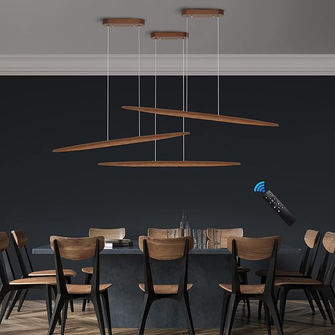 39" Wood Linear Pendant Light LED Dimmable Hanging Light Dinning Room Light Fixture Island Lights 24w for Dining Room Kitchen Island Bar Walnut Color - Aura Lighting