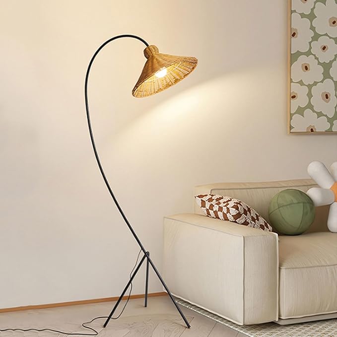 Wabi-Sabi Style Rattan Floor Lamp H72.83in E26 3-Color Dimming Living Room Corridor Standing Lamp Bedroom Study Torchiere Villa Club Decorative Lighting Fixture