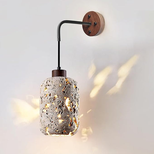Japanese Style Wabi Sabi Wood Wall Light with Natural Stone Shade, Adjustable Height Yellow Travertine Wall Sconce, Modern Hanging Marble Wall Lamp for Bedroom Bedside Hallway