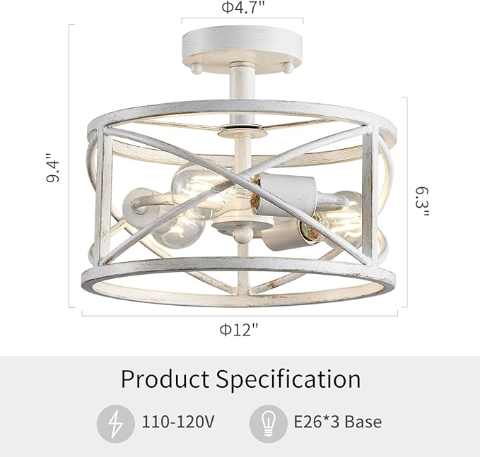 WUZUPS Chandelier 3-Light Vintage Farmhouse Industrial Semi-Flush Mount Ceiling Light Lighting Fixture for Foyer Bedroom Hallway Storage Room Kitchen Bathroom, H 9.4" x W 12", E26 Base, Antique White