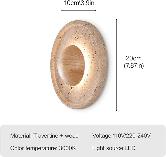 Japanese Style Wabi-Sabi Art Lighting Fixture, Yellow Travertine Wall Light with Wood Shade, Round Natural Stone LED Wall Lamp, Vintage Marble Wall Sconce for Bedroom Living Room(Wood)