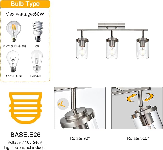 BONLICHT Modern Semi-Flush Mount Ceiling Light 3-Light Adjustable Ceiling Spotlight Brushed Nickel Kitchen Track Lighting Fixtures Industrial Wall Vanity Light Fixture with Clear Glass Shade - Aura Lighting