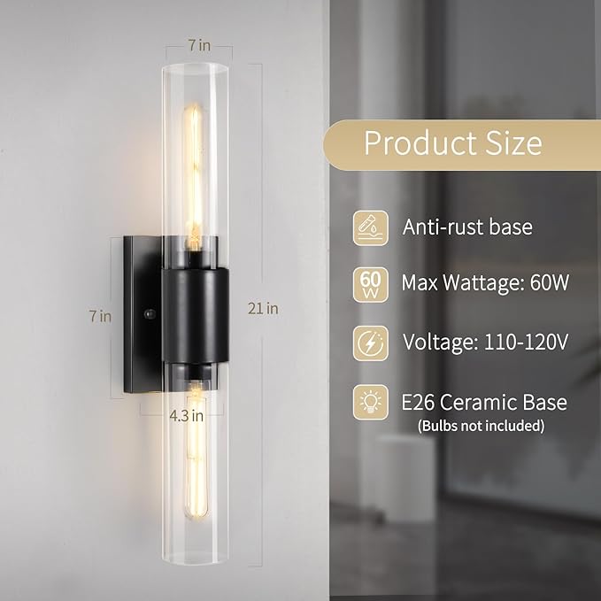 Bathroom Wall Sconces Set of Two Black , 21" Modern 2-Light Vanity Light Tube Wall Sconce, Clear Glass Indoor Hardwired Mounted Lamps for Living Room,Bedroom,Hallway-Black Clear (Bulb Not Included) - Aura Lighting