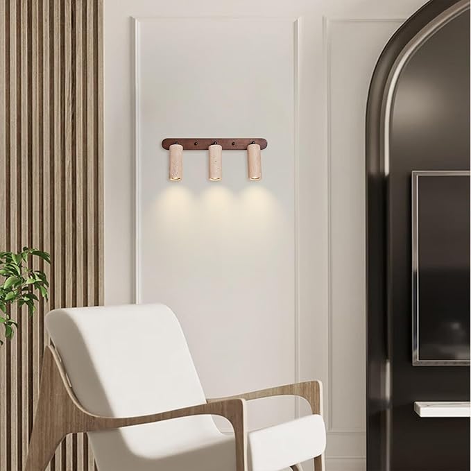 3-Lights Bathroom Vanity Light Fixtures for Over Mirror, 21" Wabi Sabi Marble Wall Sconce with Adjustable Natural Stone Lampshade & Wood Base, Yellow Travertine Wall Lamp for Bedroom