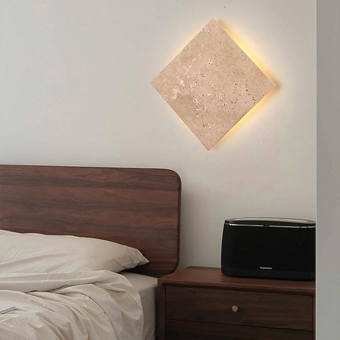 Japanese Style Wabi-Sabi Art Decor Lighting Fixture, Square Natural Stone LED Wall Sconce, Nordic Modern Marble Wall Light, Yellow Travertine Wall Lamp for Bedroom Entryway Living Room