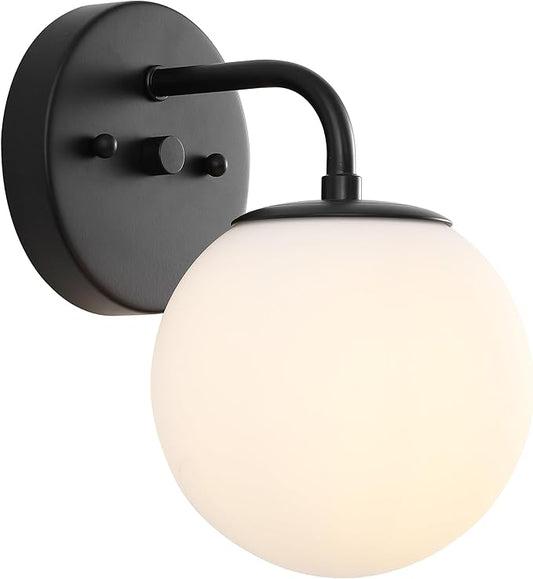 JONATHAN Y 5.75" Black Modern Globe Wall Sconce Vanity Light for Bathroom, White Frosted Glass Shade, Midcentury Parisian Bistro Wall Lamp, LED Bulb Included (JYL3534B)