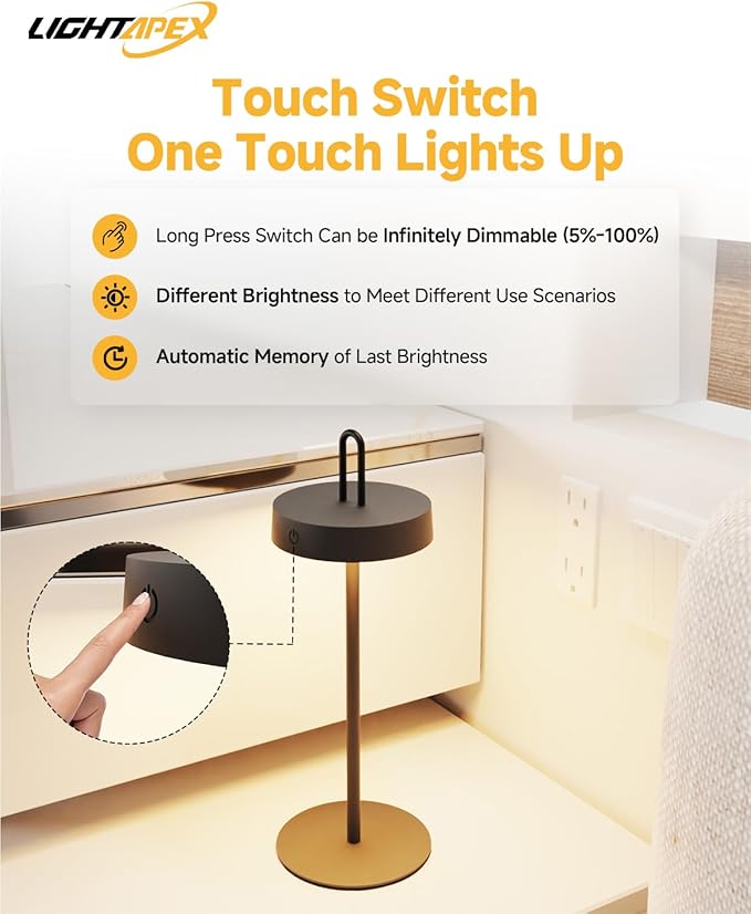 Lightapex 2-Pack Cordless Table Lamps – Portable Rechargeable Bedside Lamps with Stepless Dimming and Touch Control, Modern Nightstand Lamps for Bedroom, Living Room, Patio and Reading（White）