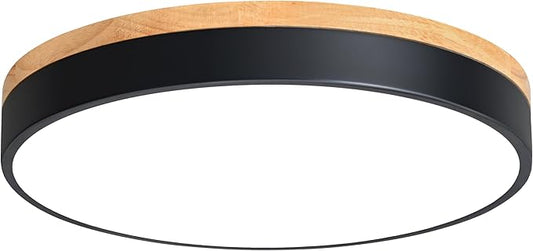 Dimmable Wood LED Flush Mount Ceiling Light, 5CCT 2700K-6000K Modern Black Close to Ceiling Lighting Fixtures, Minimalist Round Ceiling Lamp for Living Room, Bedroom, Laundry Room - Aura Lighting